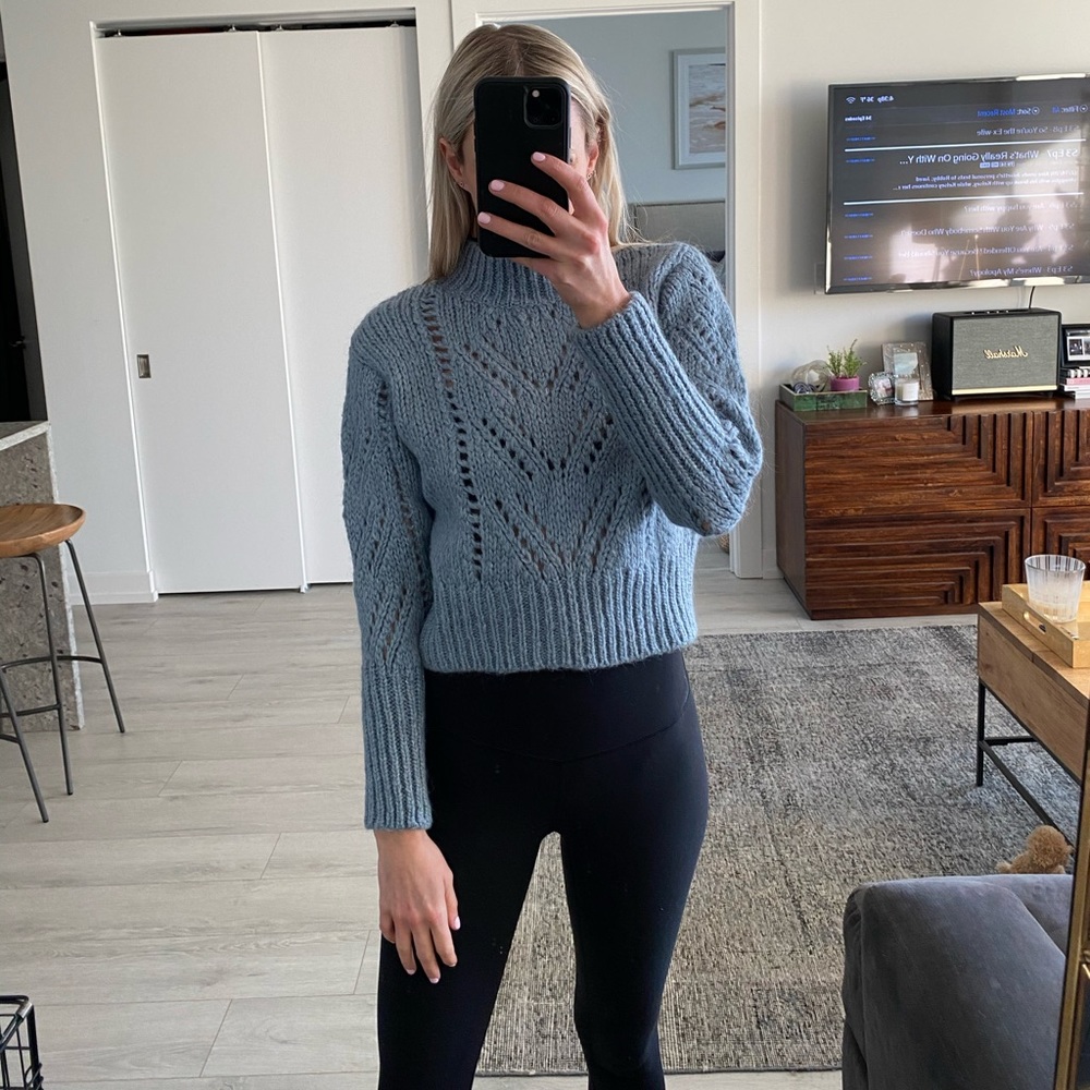 Zara Pointelle Knit Sweater in Light Blue